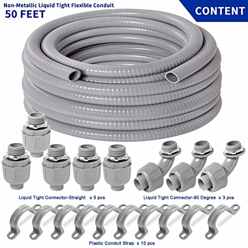 (3/4" Dia * 50 Feet) Yariwiz Flexible Electrical Conduit Liquid Tight PVC Conduit Kit with 5 PCS Coupling, 3 PCS Elbow and 10 PCS Strap, Sealtight Seal Flex Liquidtight Wire Outdoor Non Metallic Grey - style: 3/4"-50ft Kit-Grey