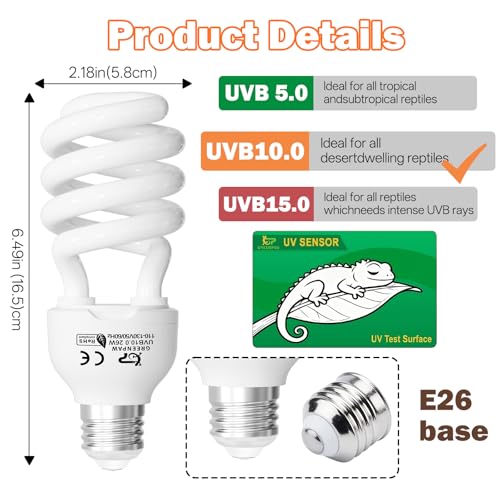 UVB Light for Reptiles 10.0: Bearded Dragon UVB Light for Desert Habitats, 26W UVA UVB Reptile Light Bulb for Lizards Tortoises, Terrarium Compact Fluorescent Lamp-UVB Bulbs with Free UV Sensor Card - size: 6.5INCH-10.0