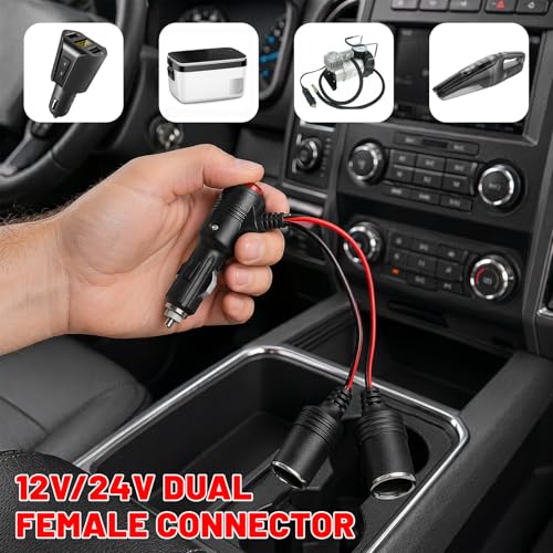Car Cigarette Lighter Splitter, 12V 1 to 2 Auto Power Charger Port with On/Off Switch & 15A Fuse, 2-Socket Cigarette Lighter Adapter Extension Cable for Most Vehicles - color: 1 to 2