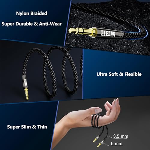 Elecan 3.5mm AUX Cable 20 Ft (Hi-Fi Sound-Zinc Alloy Case-OD 3.5MM-Ultra Slim&Soft) Auxiliary Stereo Audio Cable Braided 1/8 inch 3.5 mm AUX Cord for Headphones,Car,Home Stereos, Speaker,Phones - size: 20FT-1PK, style: Straight to Straight