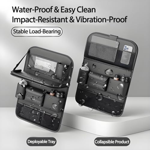 2 Pack Leather Car Backseat Organizer with Foldable Table Tray, Universal Car Seat Back Protector Kick Mat with Touchscreen Tablet Holder, Storage Pockets, Cup Holders & Tissue Holder, Black - color: Black