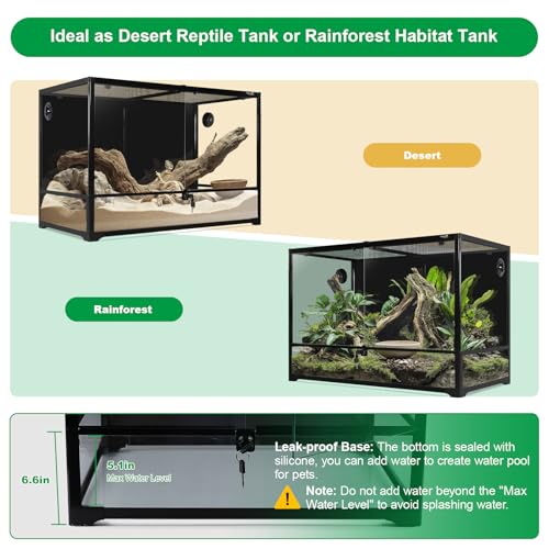 67 Gallon Reptile Tank Large Full Glass Terrarium, Bearded Dragon Tank Front Opening Reptile Enclosure Cage with Anti Escape Ventilated Top Lid for Snake Gecko Lizard Turtle 36''x18''x24''