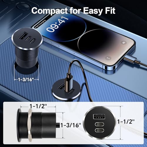 78W 12V USB Outlet with Silver Ring, Aluminum Car USB C Socket - color: 1Pcs