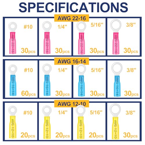 360Pcs Heat Shrink Ring Terminals Kit-Waterproof Crimp Wire Connectors - color: 360PCS, size: KIT