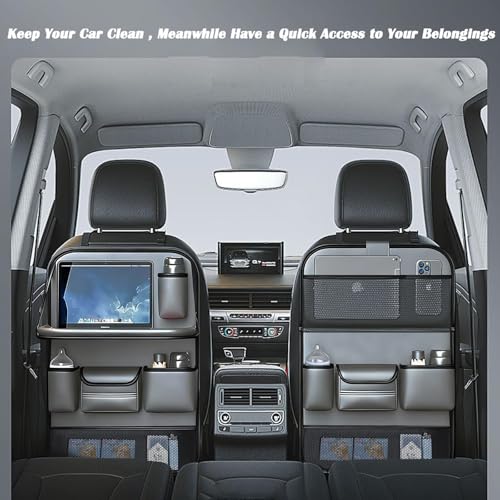 2 Pack Leather Car Backseat Organizer with Foldable Table Tray, Universal Car Seat Back Protector Kick Mat with Touchscreen Tablet Holder, Storage Pockets, Cup Holders & Tissue Holder, Black - color: Gray