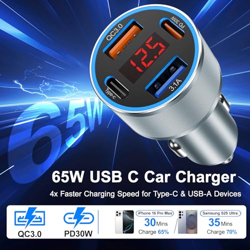 iPhone Fast Car Charger,65W 4-Port USB C Car Phone Charger with Voltmeter - color: Gray