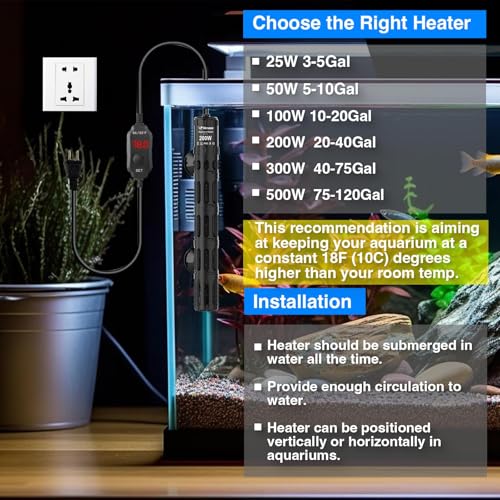 Aquarium Heater 200W, Submersible Fish Tank Heater with LED Digital Display, Auto Power-Off When Leaving Water & High Temp Protection, for Fresh and Salt Water Tanks 20-40 Gal - size: For Tanks 20-40 Gal