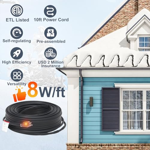 HEATIT 8JHSF1 Self Regulating Pre-Assembled Heating Cable with Spacer and Clips, Heat Tape for Roof Deicing and Pipe Freeze Protection,120V 8W/ft, 36FT - color: 8W/FT (KIT), style: 36FT