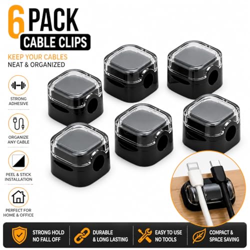 Cable Clips for Desk 6 Pack, Self Adhesive Cable Organizer, Cord Holder for Charging Cables, USB Cables, Earphones & Computer Wires, Wire Management Clips for Home, Office & Car, Black