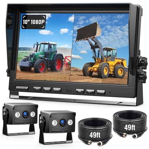 ZEROXCLUB 2 Wired Rear View Backup Camera System, 10" 1080P Monitor IP69K Waterproof Vibration-Proof 10G Reverse Camera, Quad Split Screen for Tractor, Truck, Trailer, Combine, Heavy Equipment, BH102 - size: 10"-2 Cam
