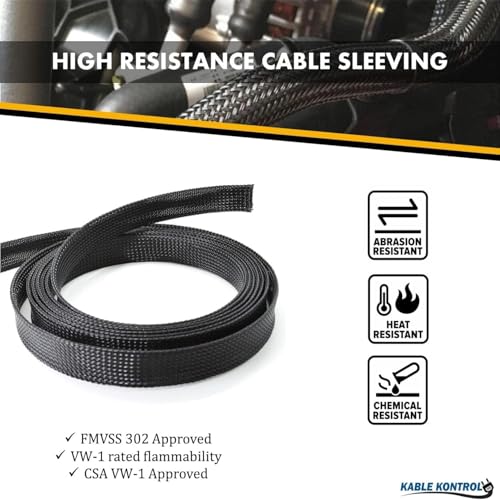 Kable Kontrol Flame Retardant PET Expandable Braided Sleeving 2” Inch ID 25 Feet Long - UL94 V0 Fire & Abrasion Resistant Flexible Sleeve Wire Management – Black with White Tracer - color: Black with White Tracer, size: 2 Inch - 25 Feet