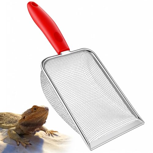 Stainless Steel Mesh Litter Shovel, Fine Mesh Metal Reptile Litter Cleaner Scooper, Black Non-Slip Handle Sifter for Lizard Substrate Reptile Terrarium Sand Waste, Red