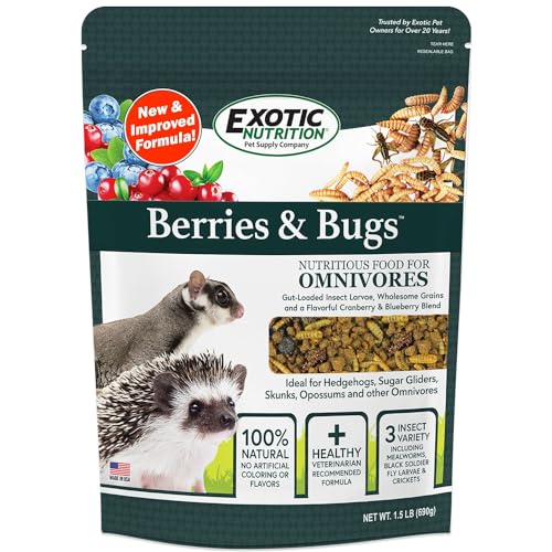 Berries & Bugs 1.5 lb - All Natural High Protein High Fiber Food for Hedgehogs, Skunks, Opossums, Sugar Gliders - Universal Insectivore Diet with Fruit, Gut-Loaded Insects, & Healthy Vitamins - size: 1.5 Pound (Pack of 1)