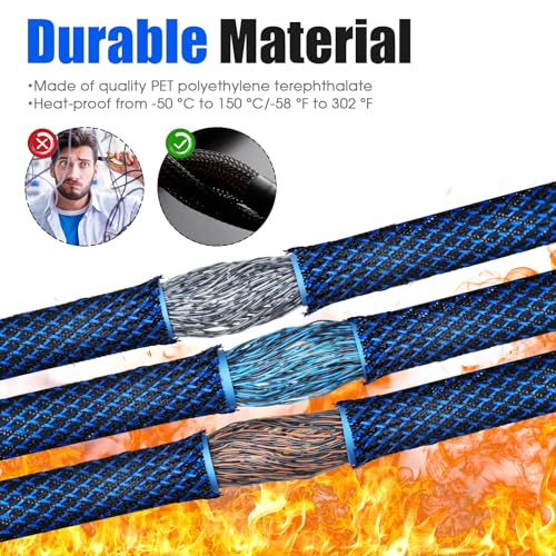 Tatuo 65.6 ft Braided Cable Sleeve Expandable Wire Sheathing(Blue, Black) - color: Blue, Black, size: 65.6 ft