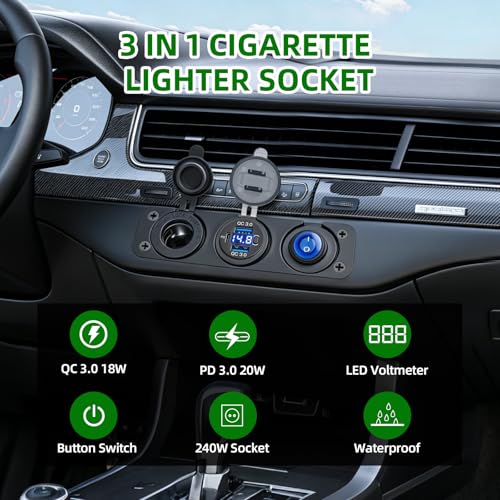 12V 3 in 1 Waterproof Cigarette Lighter Socket, Dual QC3.0 USB and PD3.0 Type‑C Fast Charger Ports, Digital Voltmeter and Switch for Car Marine Boat RV Truck ATV