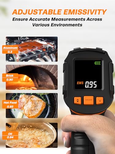 Mecurate Infrared Thermometer Gun -58°F to 1112°F, Laser Temperature Gun with Adjustable Emissivity, Max/Min/Hold for Cooking, BBQ, Freezer, Industrial Use,with Long Probe Meat Thermometer