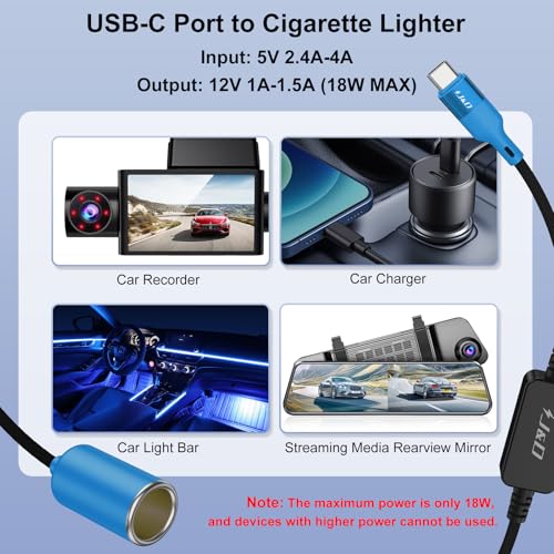 J&D USB C Male to 12V Car Cigarette Lighter Socket Female Converter Cable, 12V 18W Power Cable for Dash Cam, GPS, Car LED Light Strips, Blue, 1 ft - color: Blue, size: 1 ft