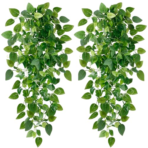 Sggvecsy Fake Hanging Plants 4 Pcs Artificial Hanging Plants Fake Ivy Vine Faux Pothos Vines Artificial Ivy Leaves Greenery Plant for Room Patio Home Indoor Outdoor Shelf Wall Garden Decor(No Baskets) - size: 4pcs