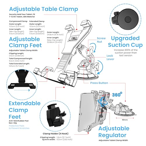Heavy Duty Tablet Mount Truck, Car Tablet Holder for Dashboard and Windshield, iPad Holder Car Suction Mount up to 12.9",and for iPad, Galaxy Tab