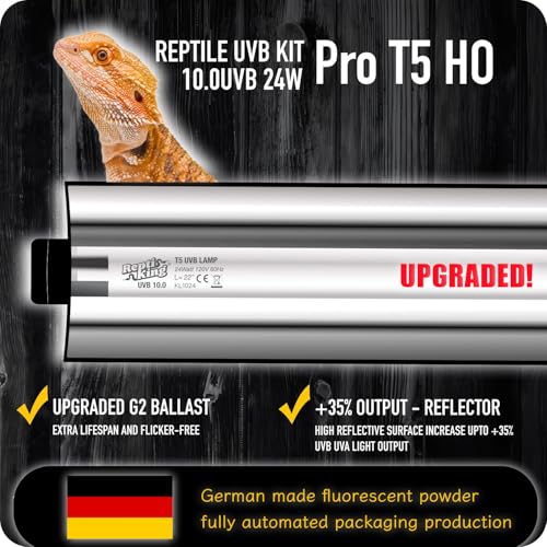 Upgraded T5 UVB Reptile Light, 10.0 UVB 24W German Made Fluorescent Lamp and Fixture Kit, for Desert-Dwelling Reptiles, Bearded Dragon UVB Lamp Bulb - size: 24W Reptile T5 UVB Light Kit