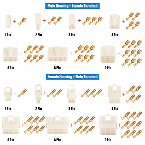 Glarks 200Pcs 6.3mm 9 Pin Way Electrical Automotive Wire Connector Male Female Socket Plug and Terminals Kit for Motorcycle, Bike, Car, Boats (10Set 6.3mm 9P) - size: 10Set 6.3mm 9P