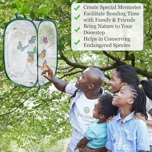 SunGrow Foldable Butterfly Habitat, 24" Butterfly Cage for Caterpillars, Create Farm, Enclosure for Breeding Soldier Fly, Ladybug, Dragonfly, or Housefly for Chicken and Reptile Feed, Green