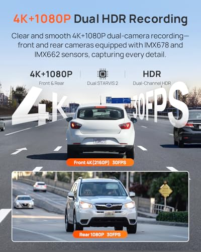 70mai 4K Dash Cam Front and Rear, 4K+1080P Dual STARVIS 2 Car Dash Camera for Cars, 4G LTE Remote Access, AI Motion Detection, WiFi 6, 5 GPS, 24H Parking Mode, HDR Night Vision, Voice Control, ADAS