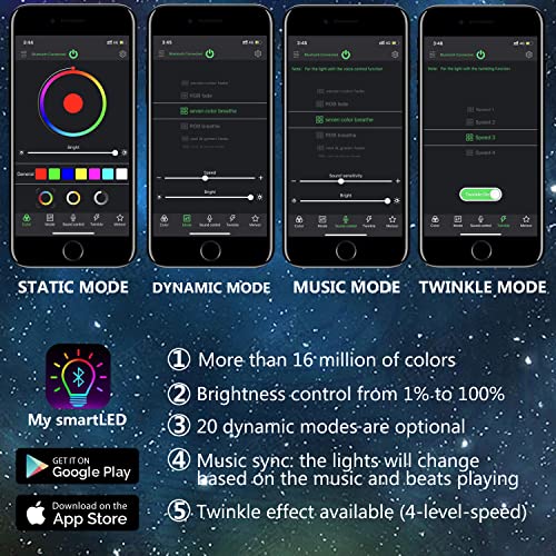 Twinkle 16W Bluetooth APP Control Fiber Optic Lights RGBW Music Sync Star Ceiling Light Kit for Car Home Indoor Interior Decoration Starlight Headliner 550 Pieces 0.03in 13.1ft