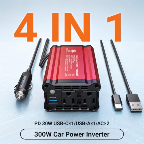 300W Car Power Inverter, DC 12V to 110V AC, PD30W QC18W 2 Outlets - color: Red-300W