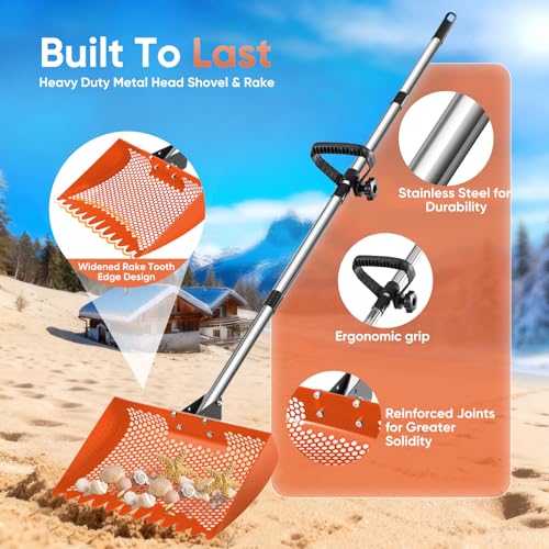 12inch Chicken Poop Scooper & Rake 2-in-1, Heavy Duty Metal Chicken Coop Scoop for Sand with Ergonomic Grip, Adjustable Angle Stainless Steel Chicken Coop Rake Sifting Shovel (37-64"),Orange - color: Orange