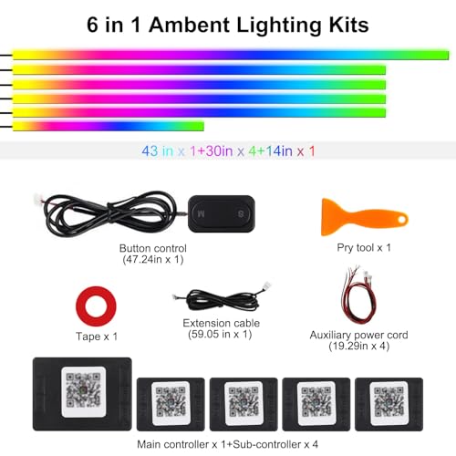 Dreamcolor Acrylic Interior Car LED Strip Lights, 6 in 1 Ambient Lighting Kit with Wireless APP, Dynamic Chasing Music Sync Fiber Optic Lights with DIY Mode, Car Inside Lighting Accessories