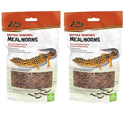 Zilla 2 Pack of Reptile Munchies Mealworms, 3.75 Ounes each, for Bearded Dragons, Leopard Geckos, Chameleons, Large Tropical Fish, and Birds