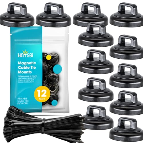 Magnetic Cable Zip Tie Mounts. Black. 12 Pack. Includes 12 Black Cable Zip Ties. Ideal for Cable Management
