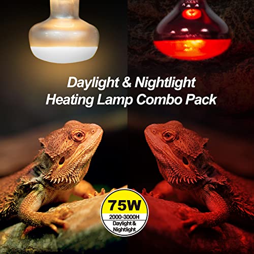 WACOOL 4Pack Reptile Heat Lamp Day & Night Kit 75W, Nature Simulated Basking Daylight & Nightlight UVA Heat Lamp Bulbs for Reptiles & Amphibians - style: 75W-4 PACK