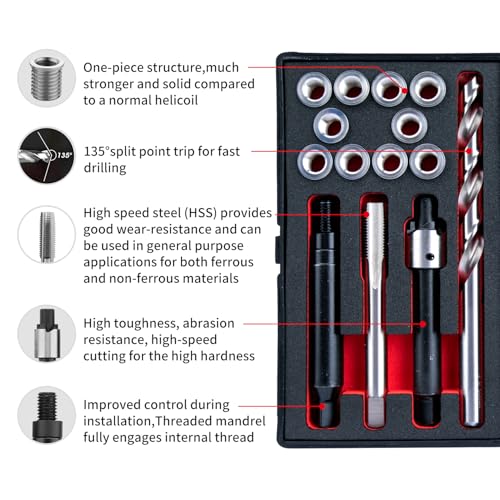 M8X1.0 Thread Repair Kit with Insert HSS Drill, Tap, Counterbore, Installation Driver, Metric, 10PCS Stainless Steel Insert M8X1.0X11.7MM - size: M8X1.0X11.7MM Thread Repair Kit