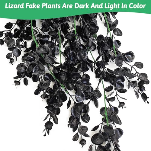Hamiledyi 4 PCS Reptile Plants, Hanging Terrarium Plants, Artificial Leaves Habitat Decorations with Suction Cup, Fake Amphibian Plants for Bearded Dragon Lizard Hermit Crab Geckos Chameleon(Black) - size: 4 PCS