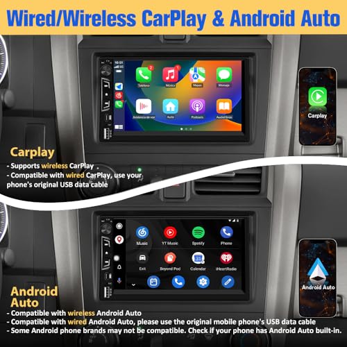 Universal Double Din Car Stereo with Wireless CarPlay & Android Auto, 7" HD Touch Screen Head Unit with Backup Camera/External Microphone, Car Radio Supports Bluetooth/SWC/FM/USB/RGB