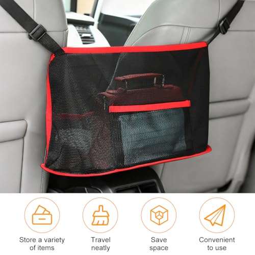 Car Net Pocket Handbag Holder, Vehicle Storage Organizer Between Front Seats for Phone Purse, Automotive Interior Driver Netting Pouch Accessories, Universal for SUV Truck RV (Red)