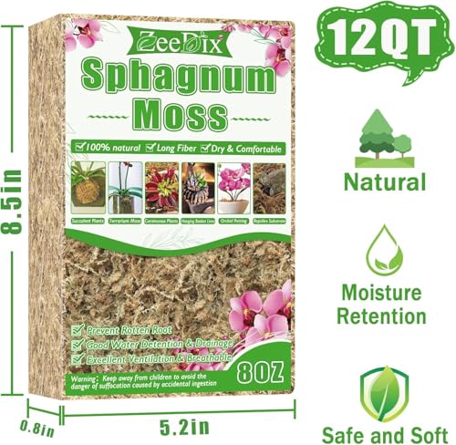ZeeDix 8 oz Sphagnum Moss for Indoor Plants, Natural Orchid Potting Mix for Repotting, Dried Long Fiber Sphagnum Peat Moss for Carnivorous Plants Succulents Reptile Habitats (Expands to 12 qt) - size: 8 ounces