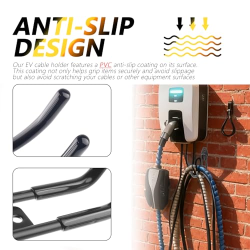 J Hooks EV Charger Holder Wall Mount,66LB Heavy-Duty EV Charging Cable Holder with Non-Slip Coating,Universal EVs Cable Holders as Garage Organizer for Indoor & Outdoor Use