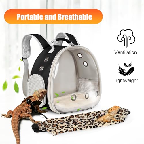 Portable Bearded Dragon Backpack Carrier with Leash and Harness Set, Beardie Carrier, Lizard Adjustable Harness with Leather Wings and Sling Bag, Reptile Small Pet Travel Cage - color: Black