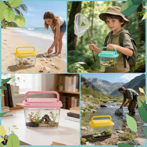 10 Pcs Reptile Terrariums Carrier Cage with Lids, Plastic Fish Tank with Handle, Small Aquarium Transport Container Portable, Fish Bucket for Crab Beach Turtle Pets