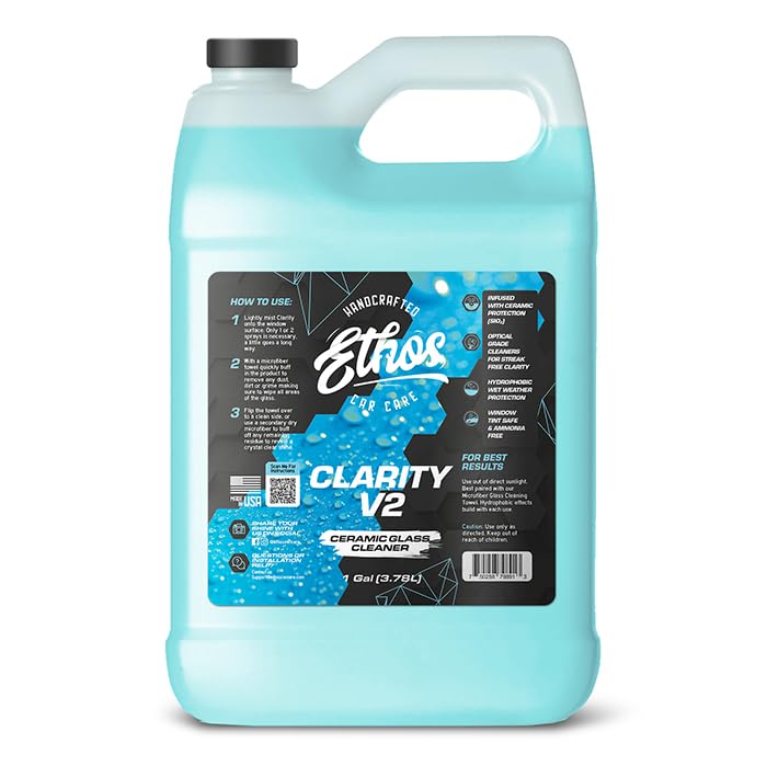 Ethos Clarity V2 – Ceramic Glass Cleaner & Windshield Water Repellent | Streak-Free Auto Glass Cleaner for Car Windows, Mirrors & Tinted Glass | Hydrophobic Protection - size: 128 Fl Oz (Pack of 1)