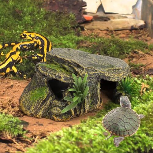 Reptile Rock Hide Cave, Aquarium Small Terrarium Hideouts Turtle Resin Habitat Basking Platform Lizard Hiding Hideaway Shelter Spiders Frog Amphibians Bearded Dragon Tank Snakes Tortoise Betta Shrimp