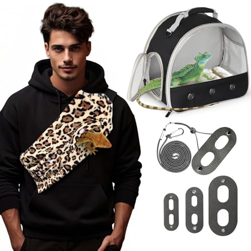 Portable Bearded Dragon Carrier with Leash and Harness Set, Beardie Carrier, Lizard Adjustable Harness with Leather Wings and Sling Bag, Reptile Small Pet Travel Cage - color: Black
