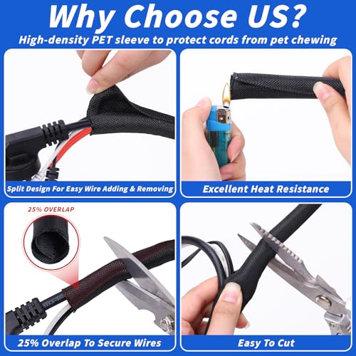 15ft - 1/2in Split Braided Sleeve Cable Management, Self-Wrapping - size: 1/2inx15ft