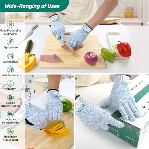 Kebada Cut Resistant Gloves, 100% Food Grade Cutting Gloves, ANSI A4 Level 5 Protection Anti Cut, Glass-Free and Steel-Free, Model C4, 6 Pairs, X-Large - color: Blue(6 Pairs), size: 10/X-Large