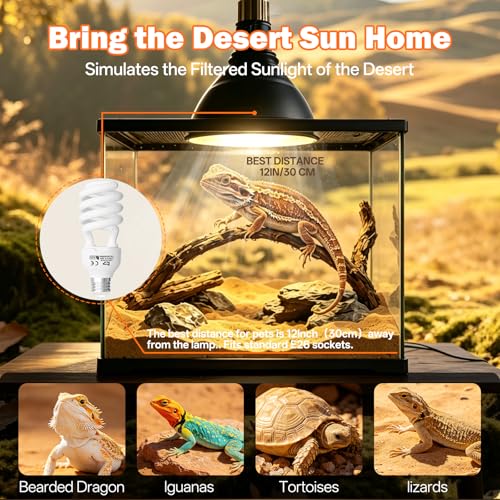 UVB Light for Reptiles 10.0: Bearded Dragon UVB Light for Desert Habitats, 26W UVA UVB Reptile Light Bulb for Lizards Tortoises, Terrarium Compact Fluorescent Lamp-UVB Bulbs with Free UV Sensor Card - size: 6.5INCH-10.0
