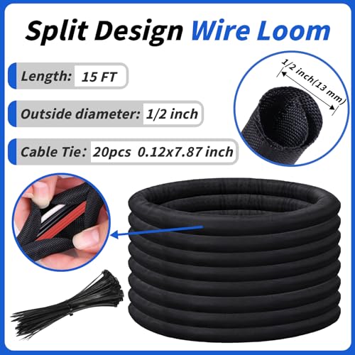 15ft - 1/2in Split Braided Sleeve Cable Management, Self-Wrapping - size: 1/2inx15ft
