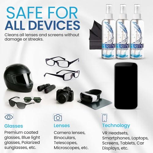 Purity Eyeglass Lens Cleaner Spray Kit - 3 x 8oz Lens Cleaner Spray Bottle - style: 5 Piece Set - 3 (8oz Lens Spray) + 2 (Microfiber Cloth)